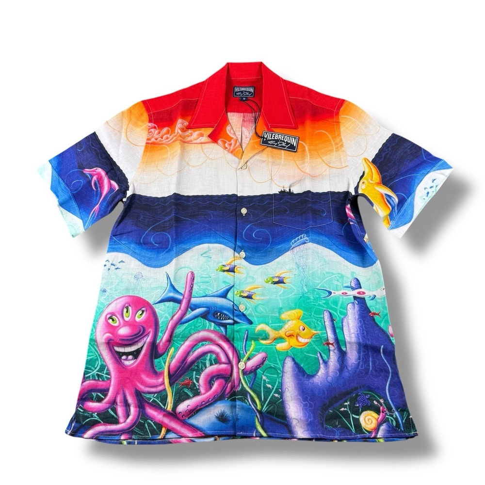 NWT Vilebrequin x Kenny Scharf Charli Linen Bowling Shirt Mareviva AOP Mens M